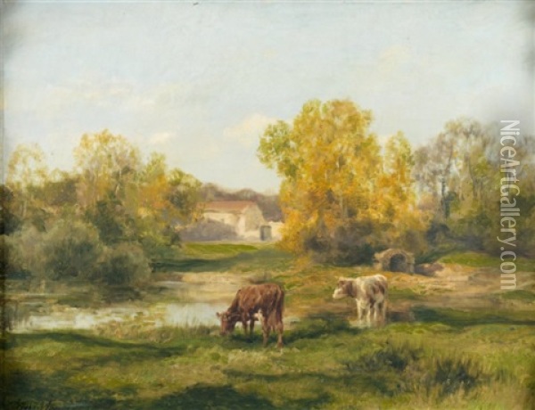 Deux Vaches Aux Abords De La Ferme Oil Painting - Charles Henri Quinton