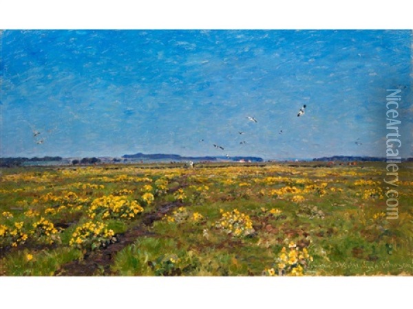 Weite Moorlandschaft Mit Gelben Dotterblumen Und Auffliegenden Vogeln Oil Painting - Viggo Pedersen