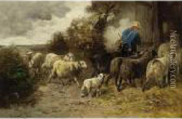 A Herdsman With His Flock Returning Home Oil Painting - Henry Schouten
