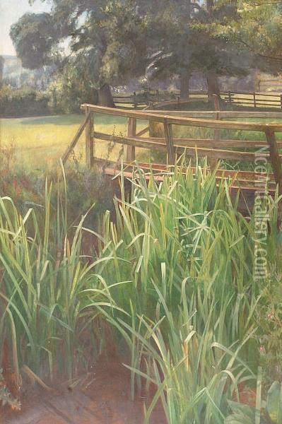 Tranquil Summer Landscape, 'oct 1900' On Label Verso Oil Painting - Ernest Board