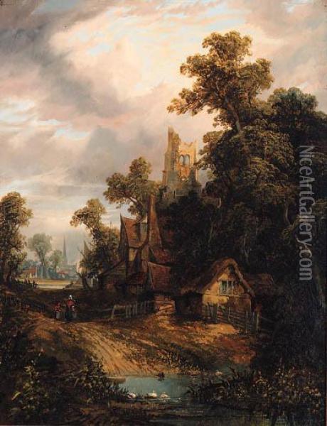 Figures Before A Church With Ducks On A River, A Town Beyond Oil Painting - Joseph Paul
