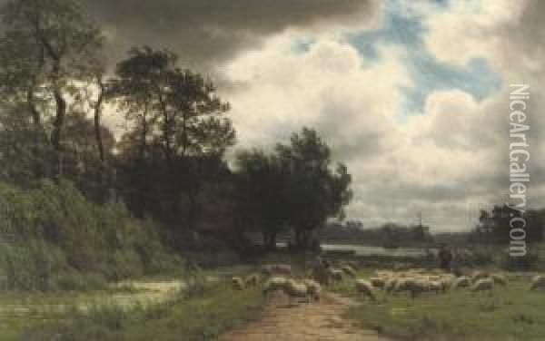 Na De Regenbui: Herding The Sheep Oil Painting - Julius Jacobus Van De Sande Bakhuyzen