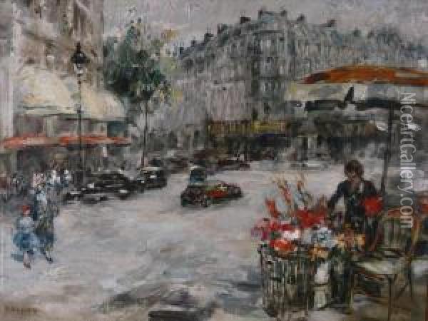 Paris Street Scene Oil Painting - Cesar A. Villacres
