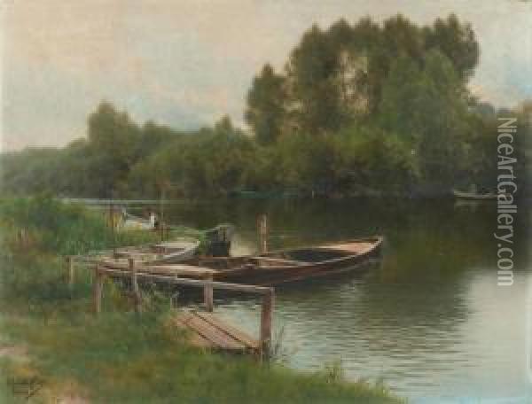 River Landscape In Pontoise. Oil Painting - Emilio Sanchez-Perrier