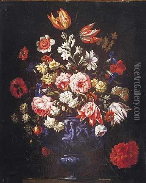 Par De Bodegones De Flores En Vasos Esculpidos Sobre Repisas De Piedra Oil Painting - Mario Nuzzi Mario Dei Fiori