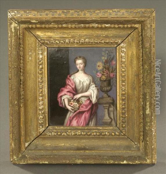 Manner Of Christian Friedrich Zincke Portrait Of A Lady, By Repute The Duchess Of Devonshireas Flora Enamelled Oil Painting - Christian Friedrich Zincke