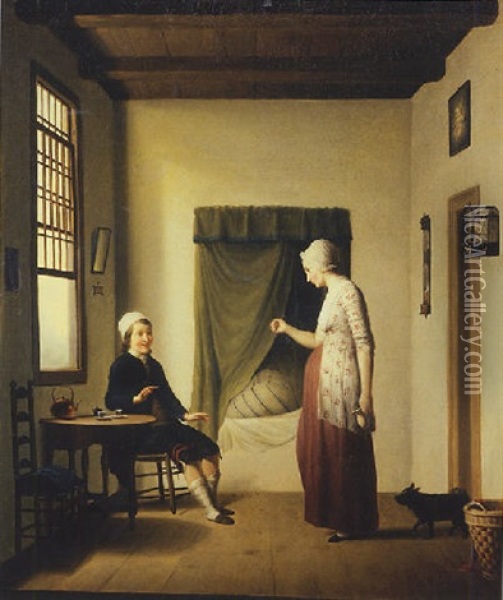 A Lady And A Gentleman In An Interior Oil Painting - Tiebout Regters