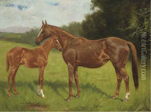 Opera, A Chestnut Mare With A Foal Oil Painting - George Paice