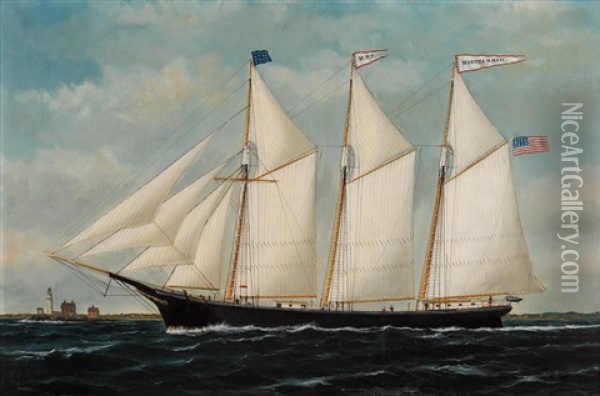 The Martha N. Hale Passing A Lighthouse Off A New England Coast Oil Painting - William Pierce Stubbs