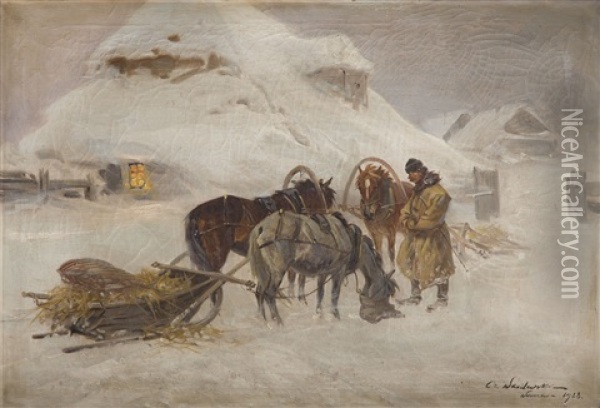 Coachmen Feeding Horses Oil Painting - Czeslaw Wasilewski