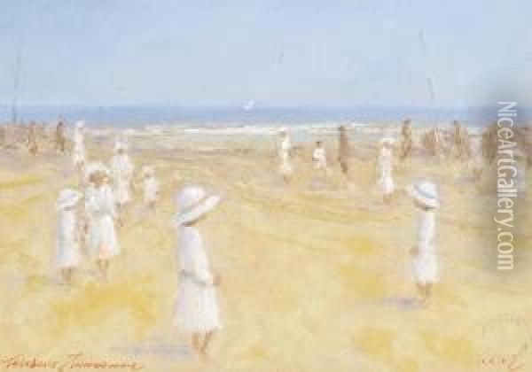 A Day On The Beach With The Family, Portelet Bay, Jersey Oil Painting - Theodor Franz Zimmermann