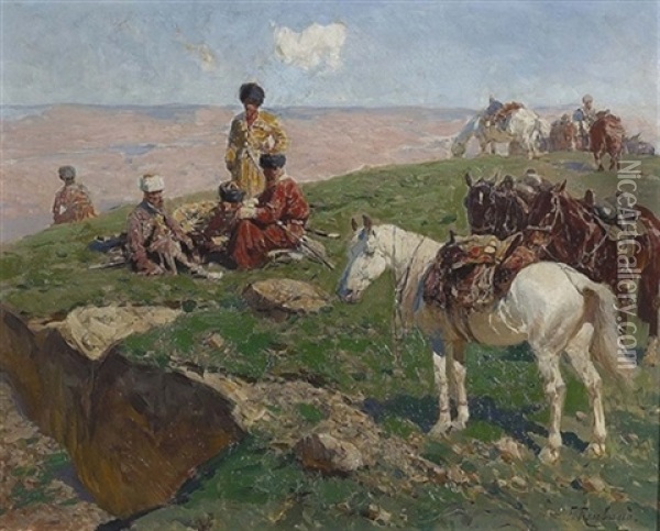 Rastende Kosaken In Der Steppe Oil Painting - Franz Roubaud
