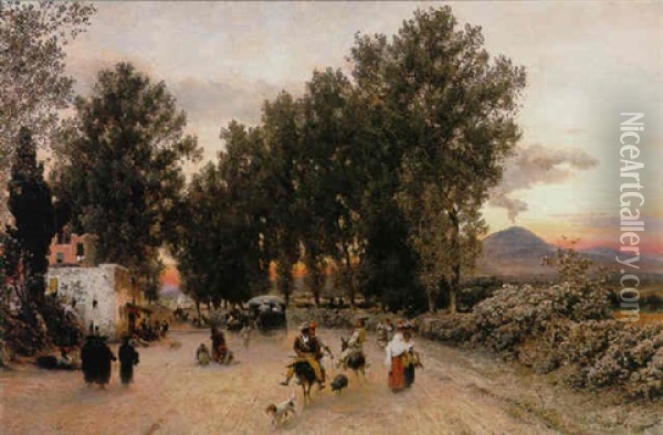 Gezicht Op Napels, Met In De Verte De Vesuvius Oil Painting - Oswald Achenbach