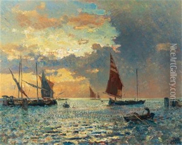 Fishing Boats In The Lagoon Oil Painting - Beppe Ciardi