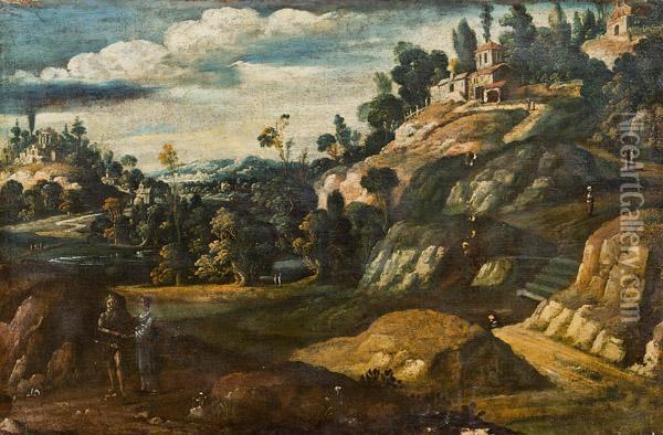 Landschaft Mit Figurenstaffage Und Antiken Gebauden Oil Painting - Agostino Tassi