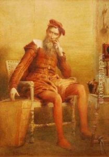 ( Leonatos Philosopher Depicting
 A Seated Gentleman In Renaissance Style Dress To An Interior Setting Oil Painting - Sir Hubert von Herkomer