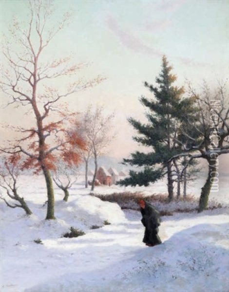 Woman Gathering Branches In The Snow Oil Painting - Alphonse Asselbergs