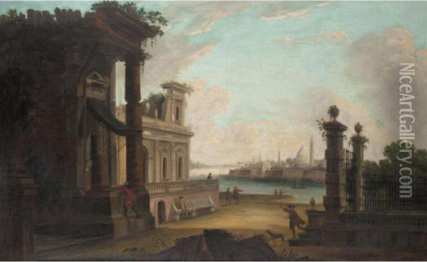 Venetian Architectural Capriccio With Figures Oil Painting - Antonio Joli