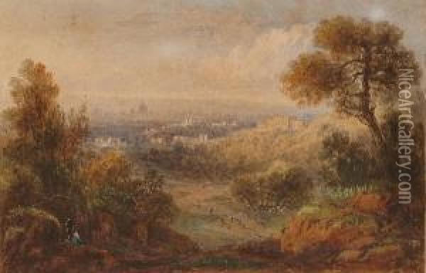 View Over A City; View Over A Lake; Coastal Scene Oil Painting - William Crouch