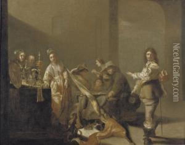 A Guardroom Interior With 
Soldiers Gambling And Courtesans Standing By A Table With Silverware Oil Painting - Jacob Duck
