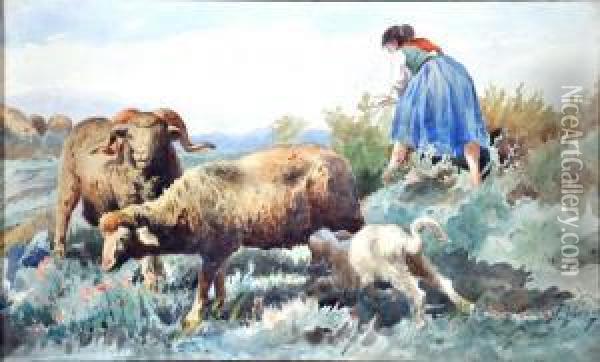 Contadina Con Pecore Oil Painting - Vincenzo Loria