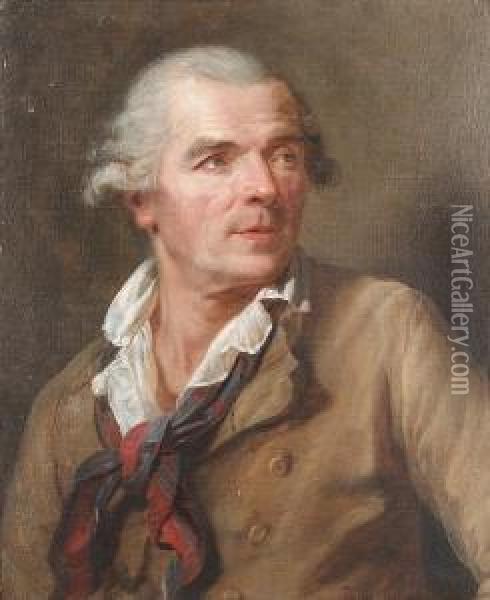Portrait Of A Gentleman, 
Bust-length, In A Buff Coloured Coat With A White Chemise And A Blue And
 Red Neckerchief Oil Painting - Jean-Francois Gilles Colson