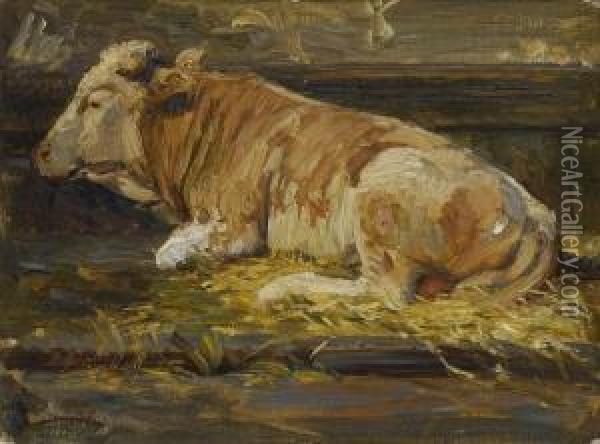Liegende Kuh Im Stall Oil Painting - Heinrich Strieffler