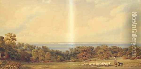 A view near Ryde, Isle of Wight, looking towards Spithead, Portsmouth Oil Painting - William Turner