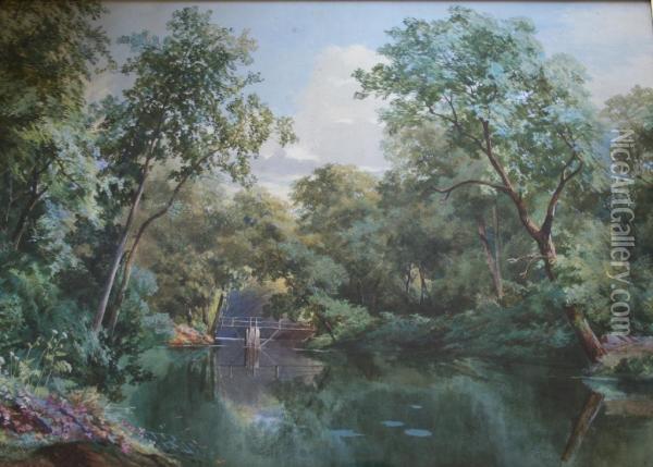 A Sunlit Woodland Pool Signed And Dated 1861 Oil Painting - James Jackson Curnock