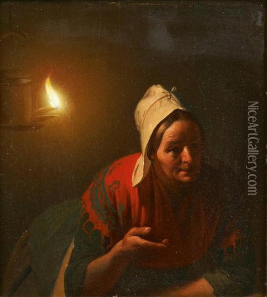 Conversation A La Lueur De La Lampe A Huile Oil Painting - Petrus van Schendel