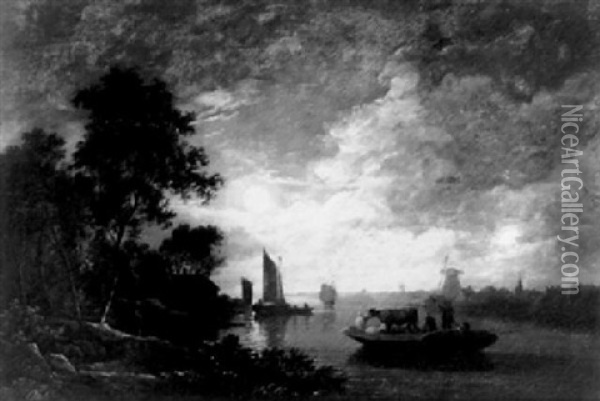 Ships On A Moonlit River Oil Painting - Jacobus Theodorus Abels