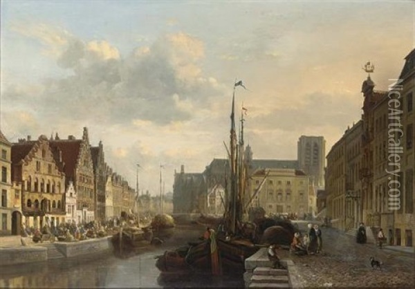 A View Of The Leie In Ghent, With Many Figures On A Quay Oil Painting - Francois Jean Louis Boulanger