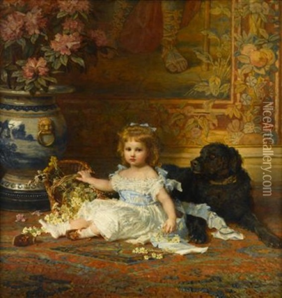 Portrait Of Young Girl With A Basket Of Flowers And Her Dog Oil Painting - Carl Wilhelm Friedrich Bauerle