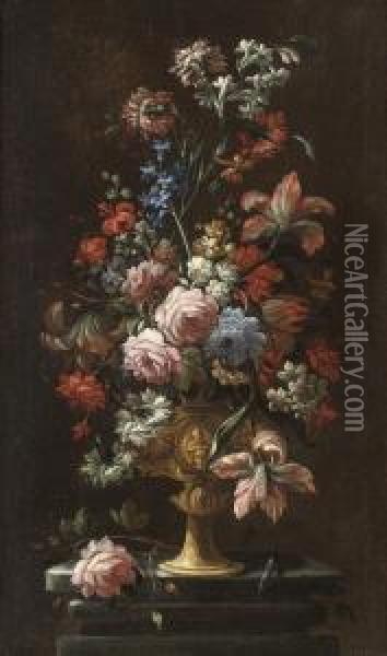 Roses, Carnations, Parrot 
Tulips, Narcissi And Other Flowers In Asculpted Urn On A Plinth Oil Painting - Andrea Belvedere