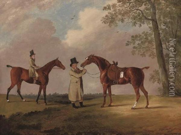 Two Gentlemen With Their Hunters, In An Extensive Landscape Oil Painting - Edwin, Beccles Of Cooper