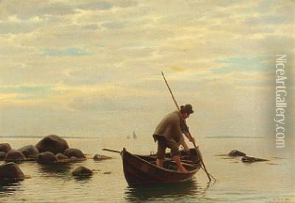 Coastal Scenery With A Fisherman In His Boat Oil Painting - Anton Laurids Johannes Dorph