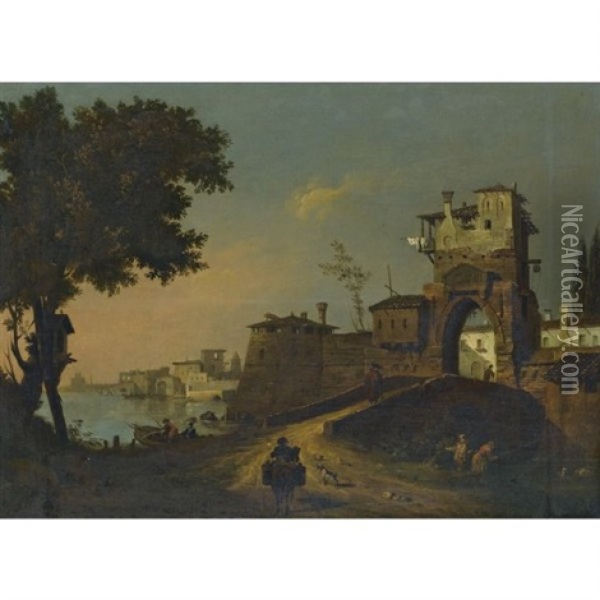 Italian Landscape With Figures Entering A Fortified Waterside Town Oil Painting - Giovanni Migliara