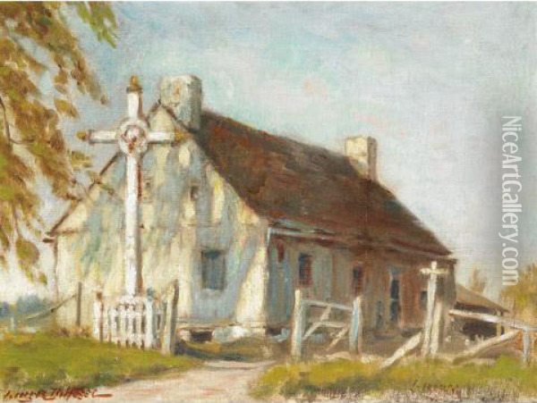 Wayside Cross By A Rural Home Oil Painting - Georges Marie Joseph Delfosse