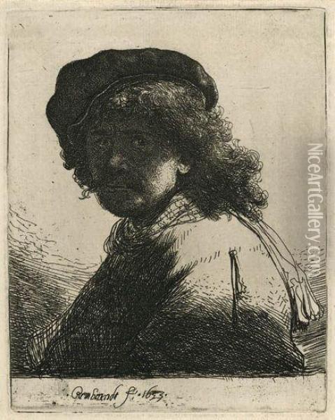 Self Portrait In A Cap And Scarf With The Face Dark: Bust Oil Painting - Rembrandt Van Rijn