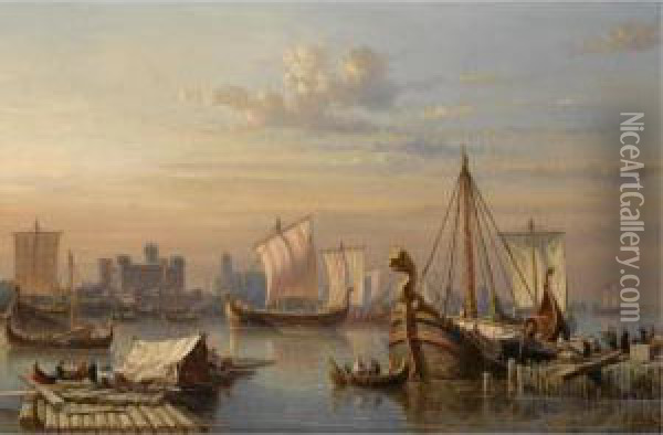 Viking Ships On The River Thames Oil Painting - Everhardus Koster