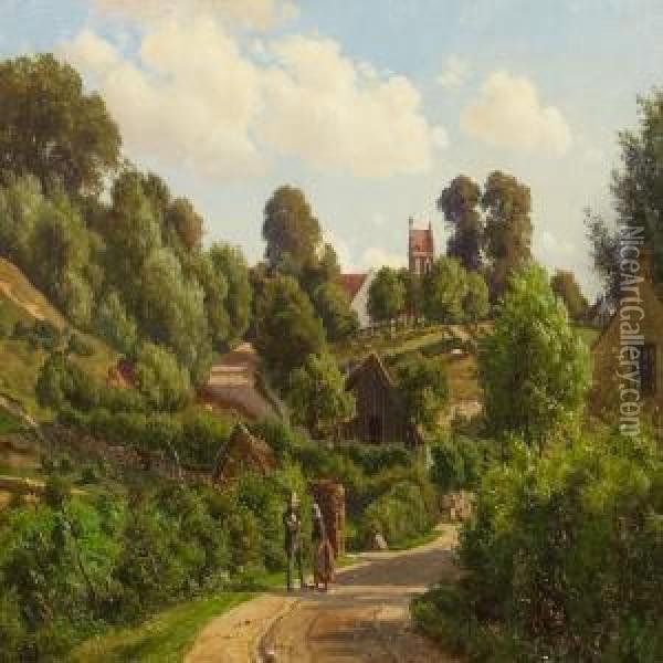 A Village Scenery With Man And Woman Talking, In The Background Church Oil Painting - Carsten Henrichsen