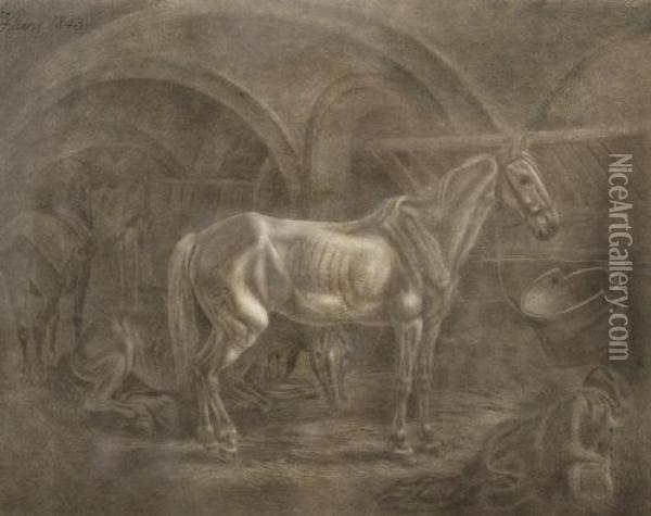 Pferde In Tonnengewolbtem Stallinterieur Oil Painting - Johann Adam Klein