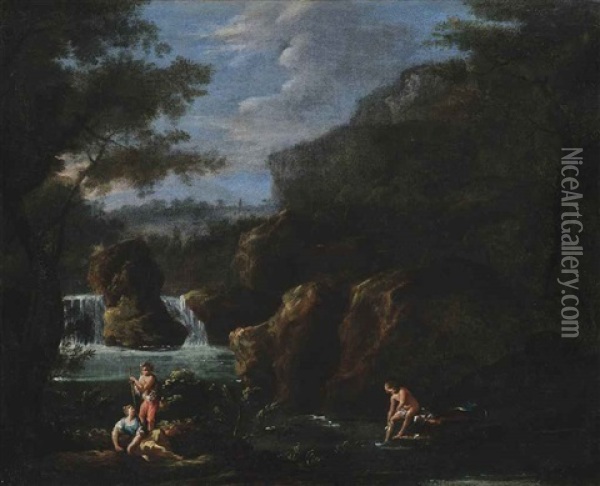 A Rocky River Landscape With Figures Resting On The Bank And Another Bathing, With A Waterfall Beyond Oil Painting - Andrea Locatelli