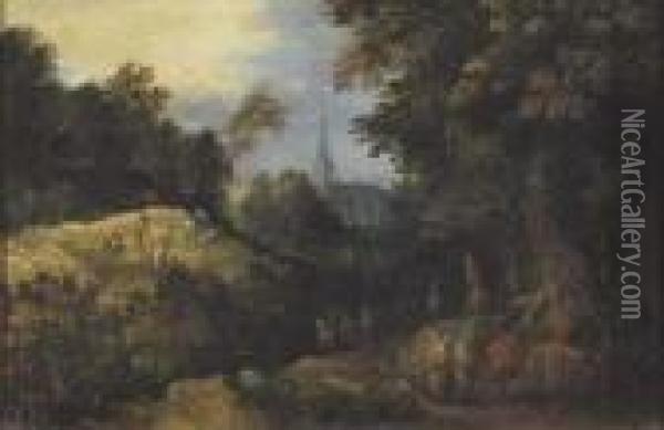 Paesaggio Boscoso Con Viandanti E Falciatori Di Grano Oil Painting - Abraham Govaerts