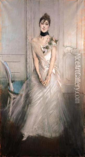 Portrait Of Emiliana Concha De Ossa, Full Length, Wearing A White Dress Oil Painting - Giovanni Boldini