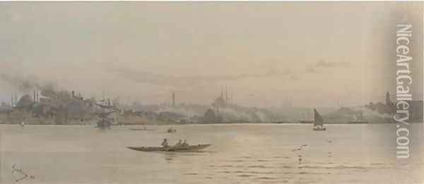 A sweeping view of Istanbul with the Topkapi palace to the left Oil Painting - Angelos Giallina