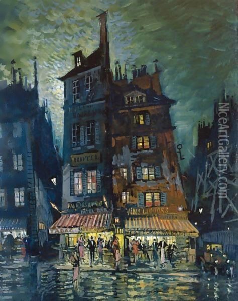 Street In Monmartre At Night Oil Painting - Konstantin Alexeievitch Korovin
