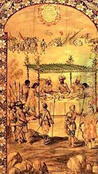 The Conquest of Mexico Hernando Cortes 1485-1547 Orders the Destruction of the Ships and Meets with the Ambassadors of Montezuma 1466-1520 in 1520 Oil Painting - Miguel and Juan Gonzalez