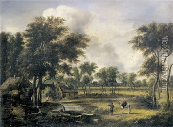 Landschaft Mit Bauernhausern Und Weiher Oil Painting - Meindert Hobbema