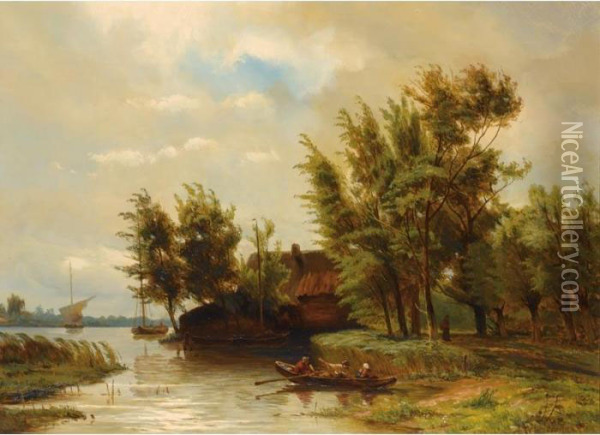 A Summer Landscape With Figures In A Boat Oil Painting - Jan Willem Van Borselen